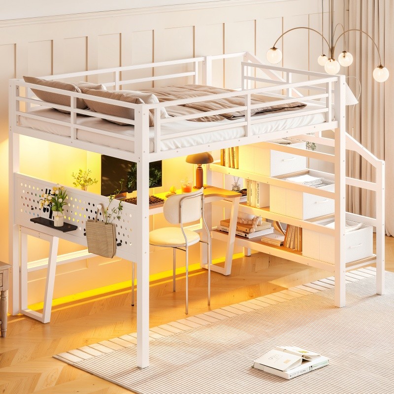 Full Size Metal Loft Bed with Storage Stairs,Movable Desk & Pegboard Kids Teens
