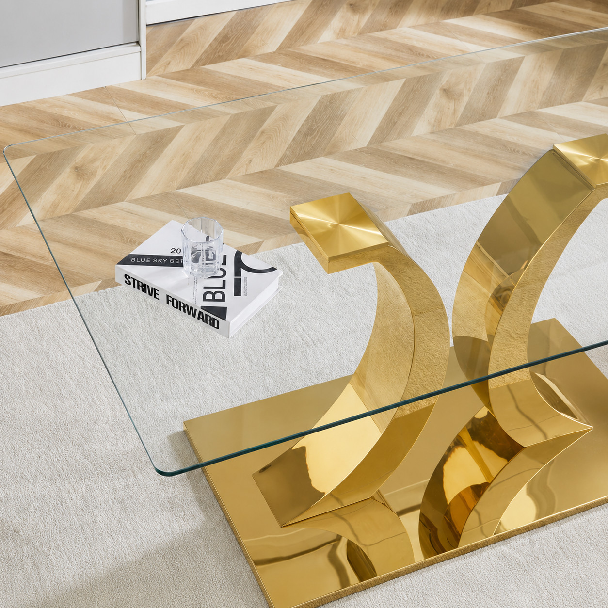 63″ Rectangular Glass Dining Table with Gold C-Shaped Base, Seats 6-8