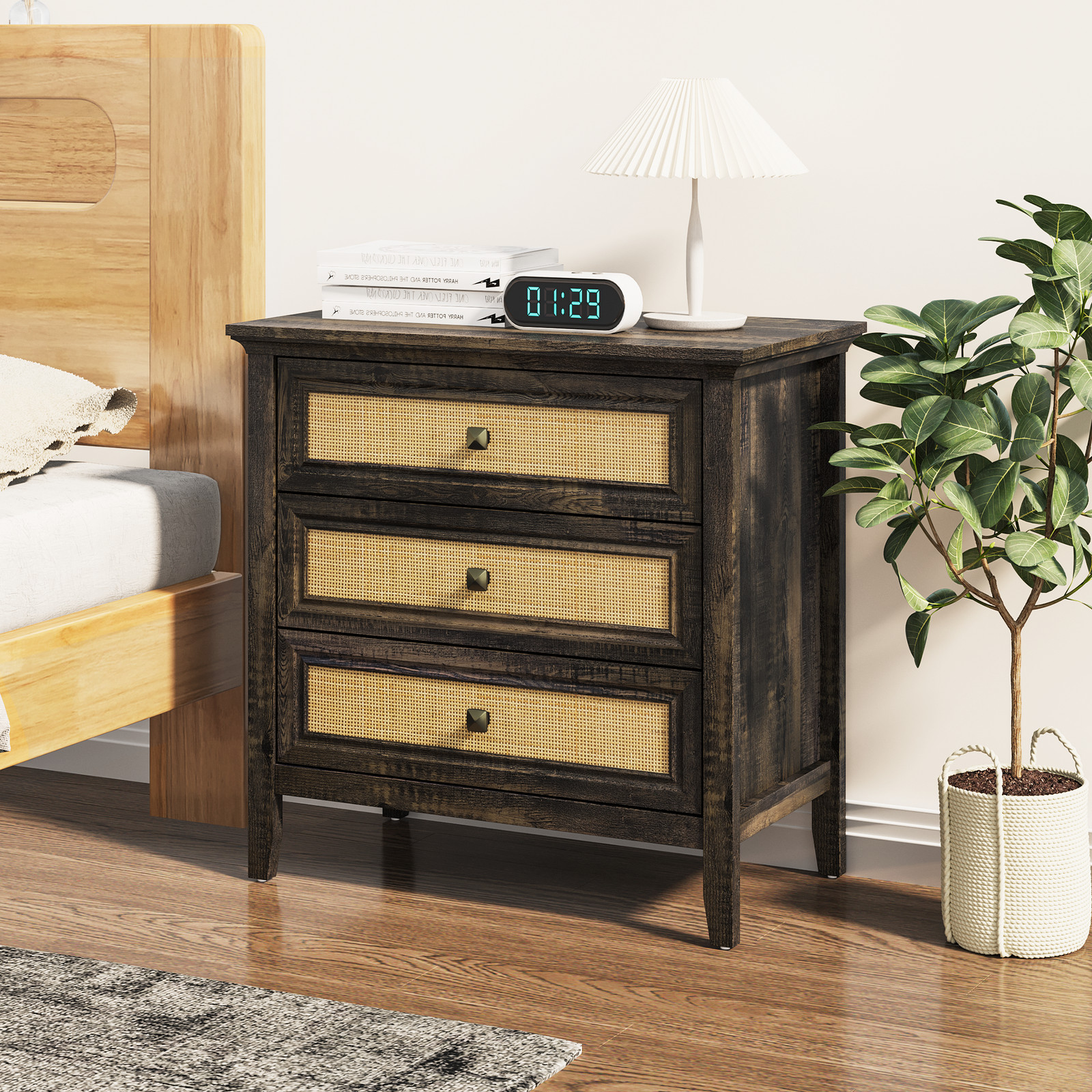 3 Drawer Dresser Chest Nightstand Dark Rustic Oak Particle Board MDF