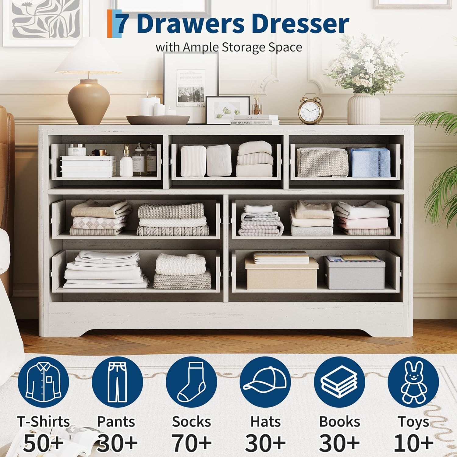 GRAVEE 7 Drawer Dresser 53.9 Inch Wide Boho Wooden Chest of Drawers Bedroom