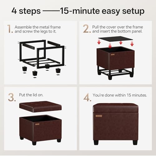 Synthetic Leather Cover Steel Frame Ottoman with 48L Storage,17.7″ x Pu-brown