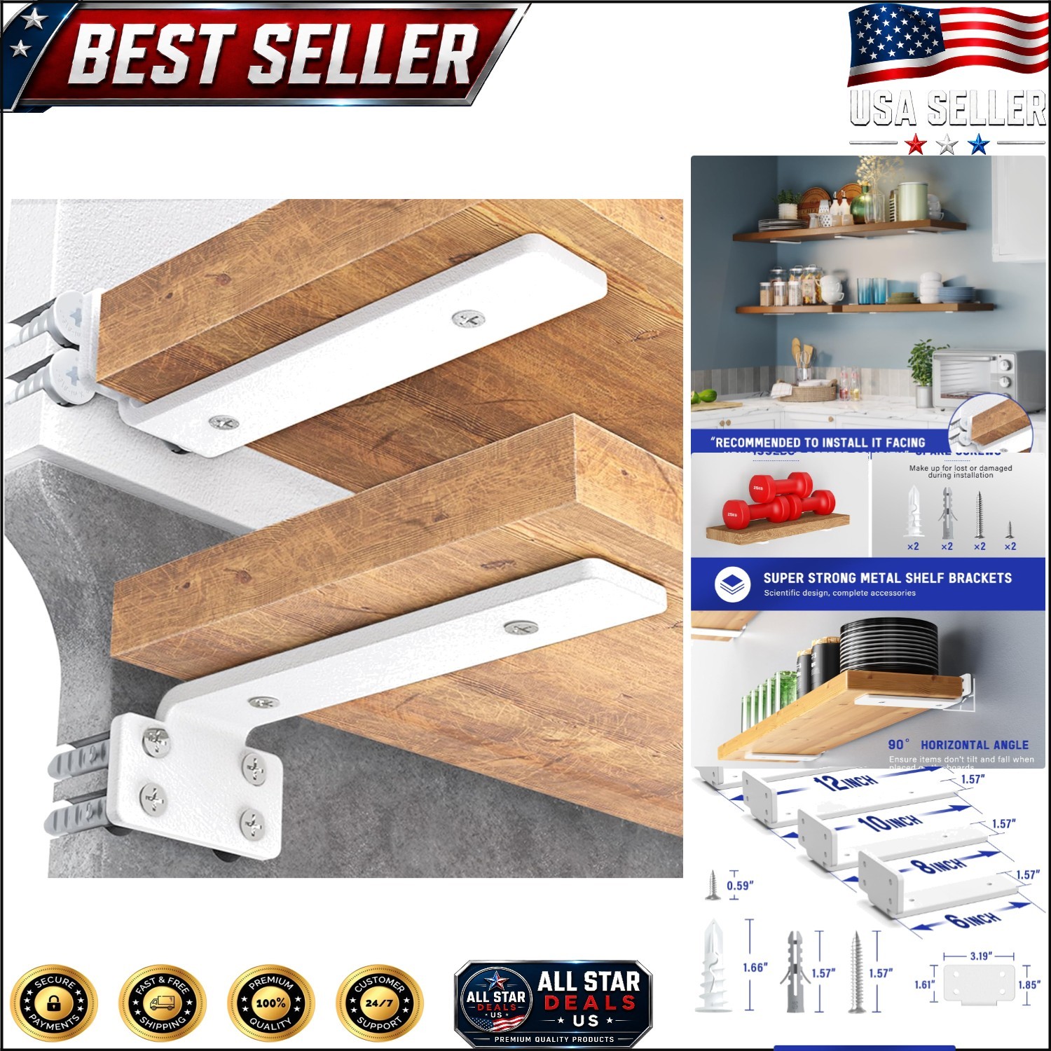 6 Pack 8-Inch Shelf Brackets with 160 lb Capacity – Versatile Wall Mount