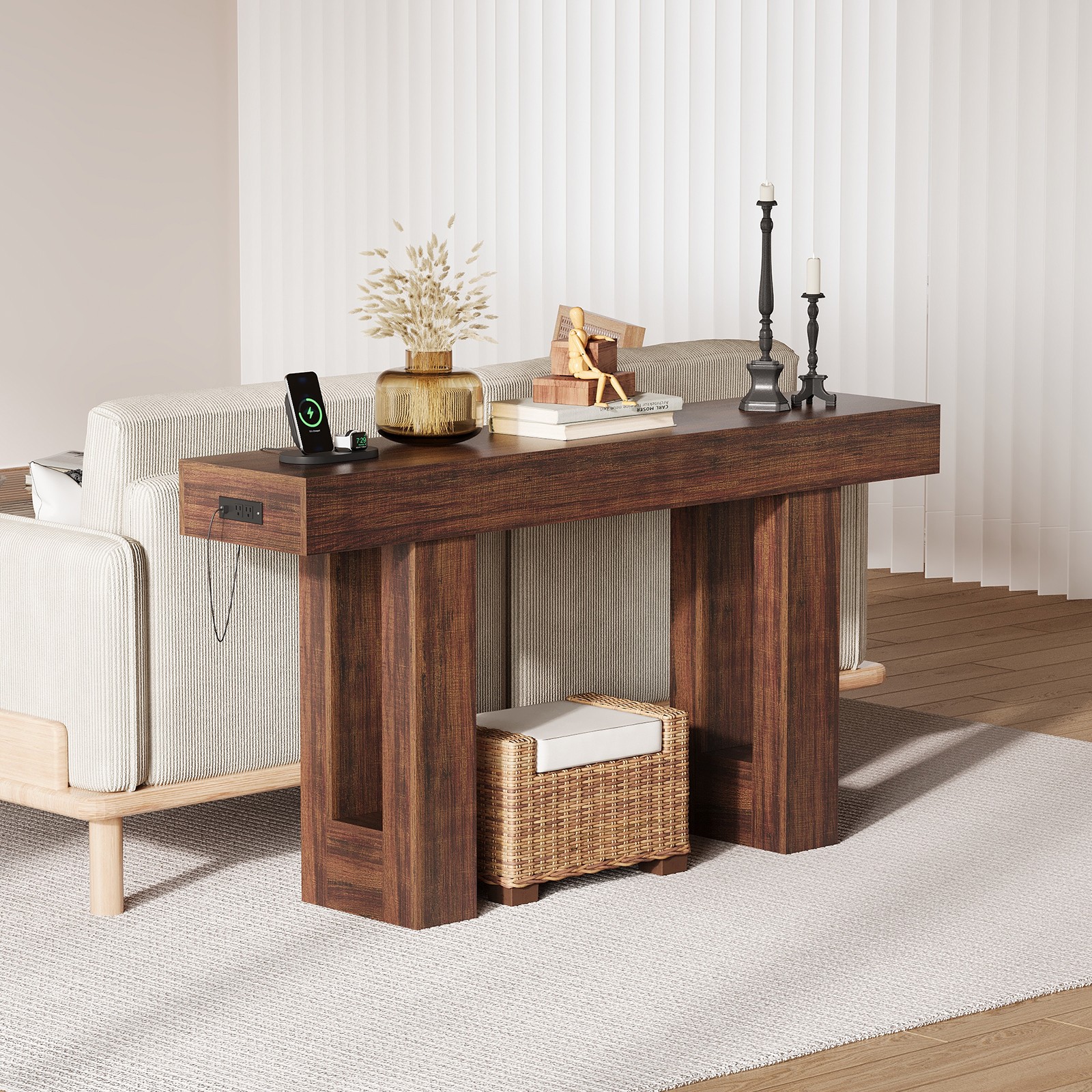 63 Inch Console Table with Outlets – Built-In Power Strip for Living Room Foyer