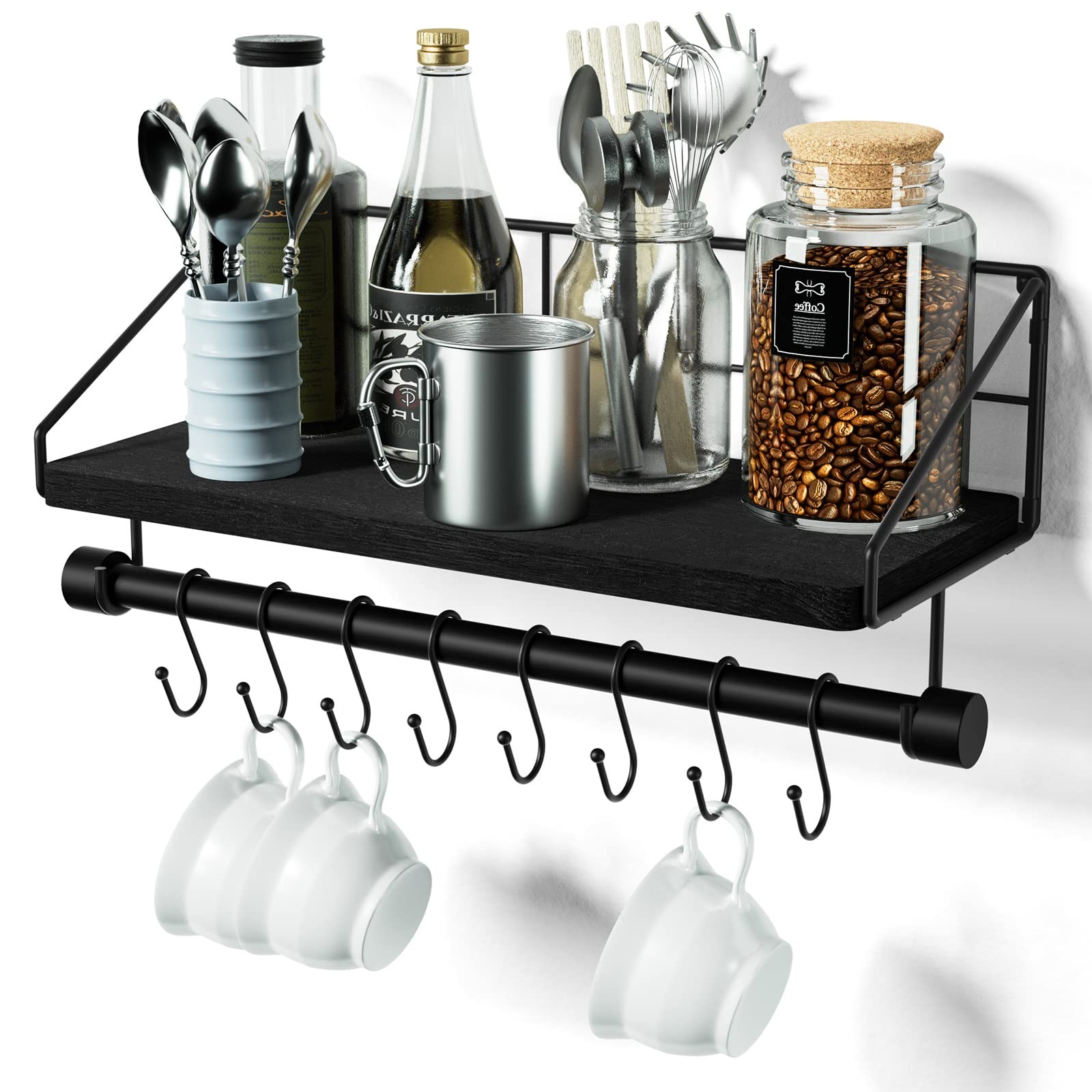 Floating Shelf for Wall with Wooden Towel Bar, Black