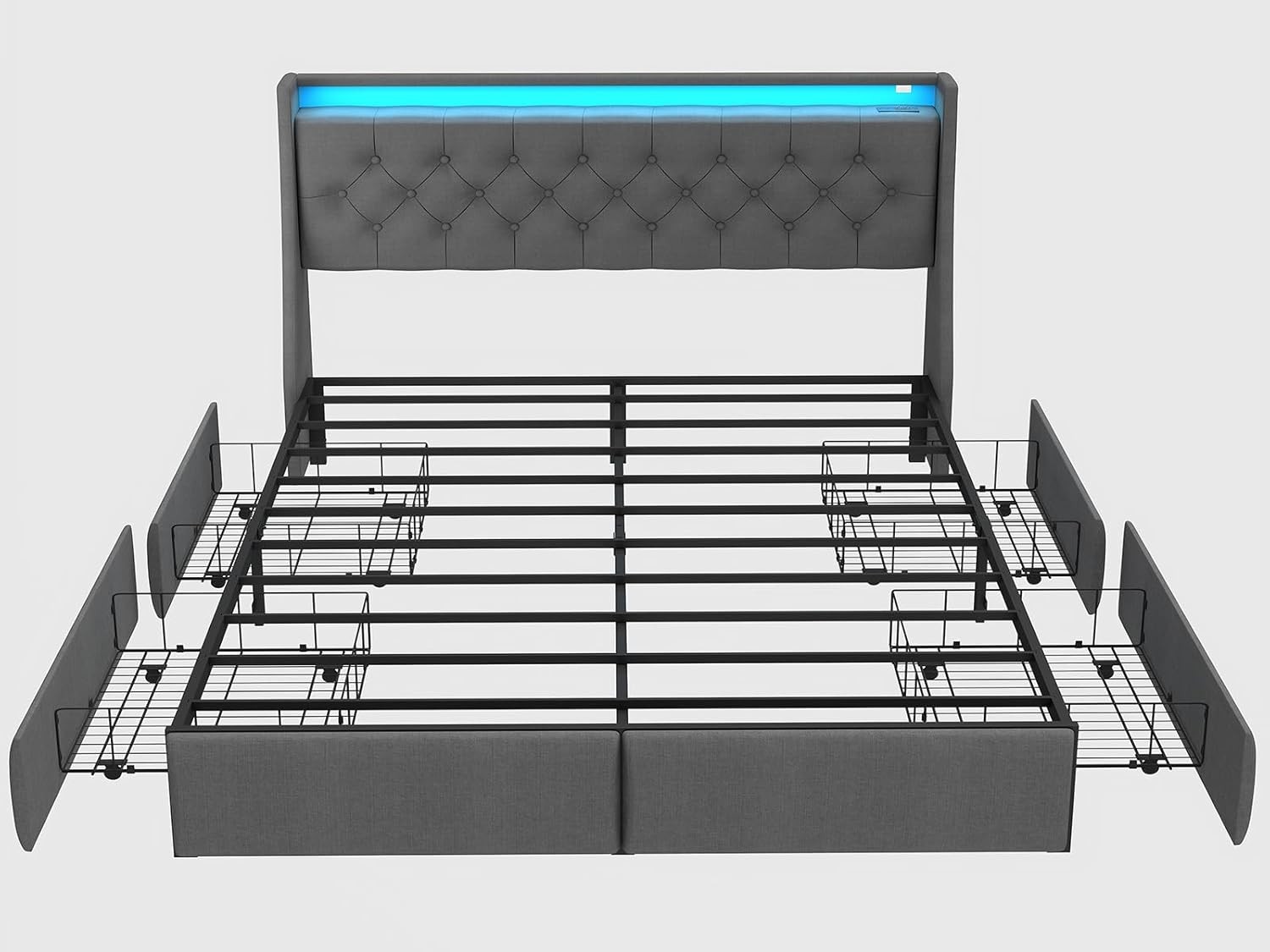 Button Tuffed Full Queen King Upholstered Bed Frame with Charging and Headboard