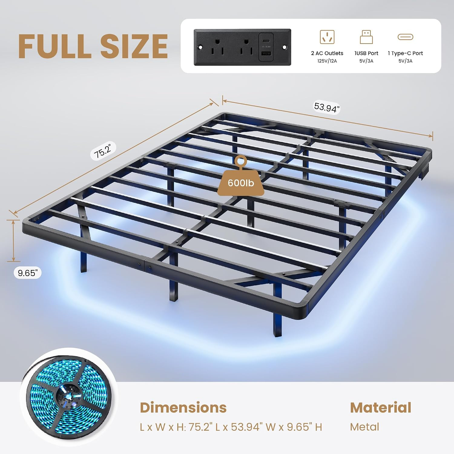 Full Size Floating Bed Frame with Smart LED Lights, Black | Modern Design Metal