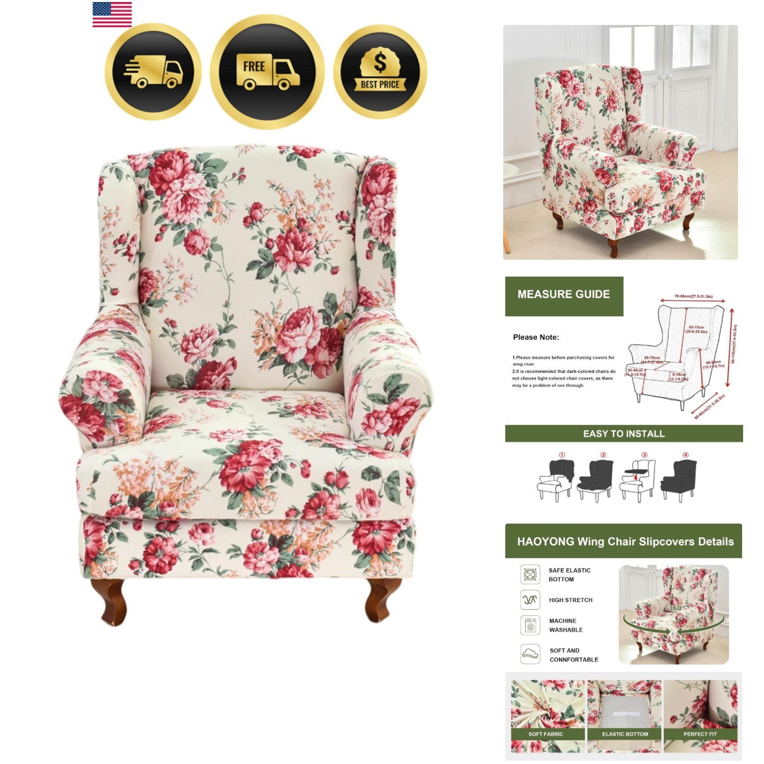 Wing Chair Slipcovers Stretch Wingback Chair Covers Printed 2 Pieces Wingback…