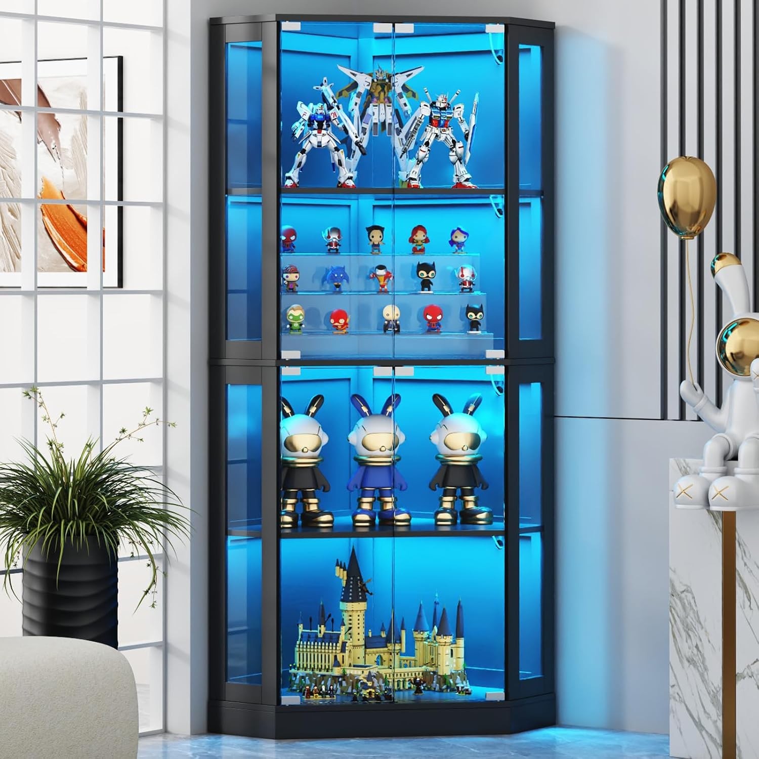 Corner Display Cabinet with Multi-Color LED Lights Modern Curio Cabinet with