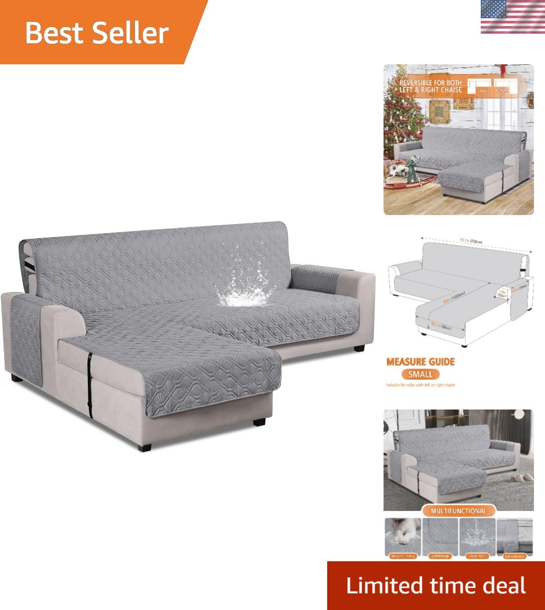 100% Waterproof Reversible Slipcover for L-Shaped Sectional Sofas – Light Gray