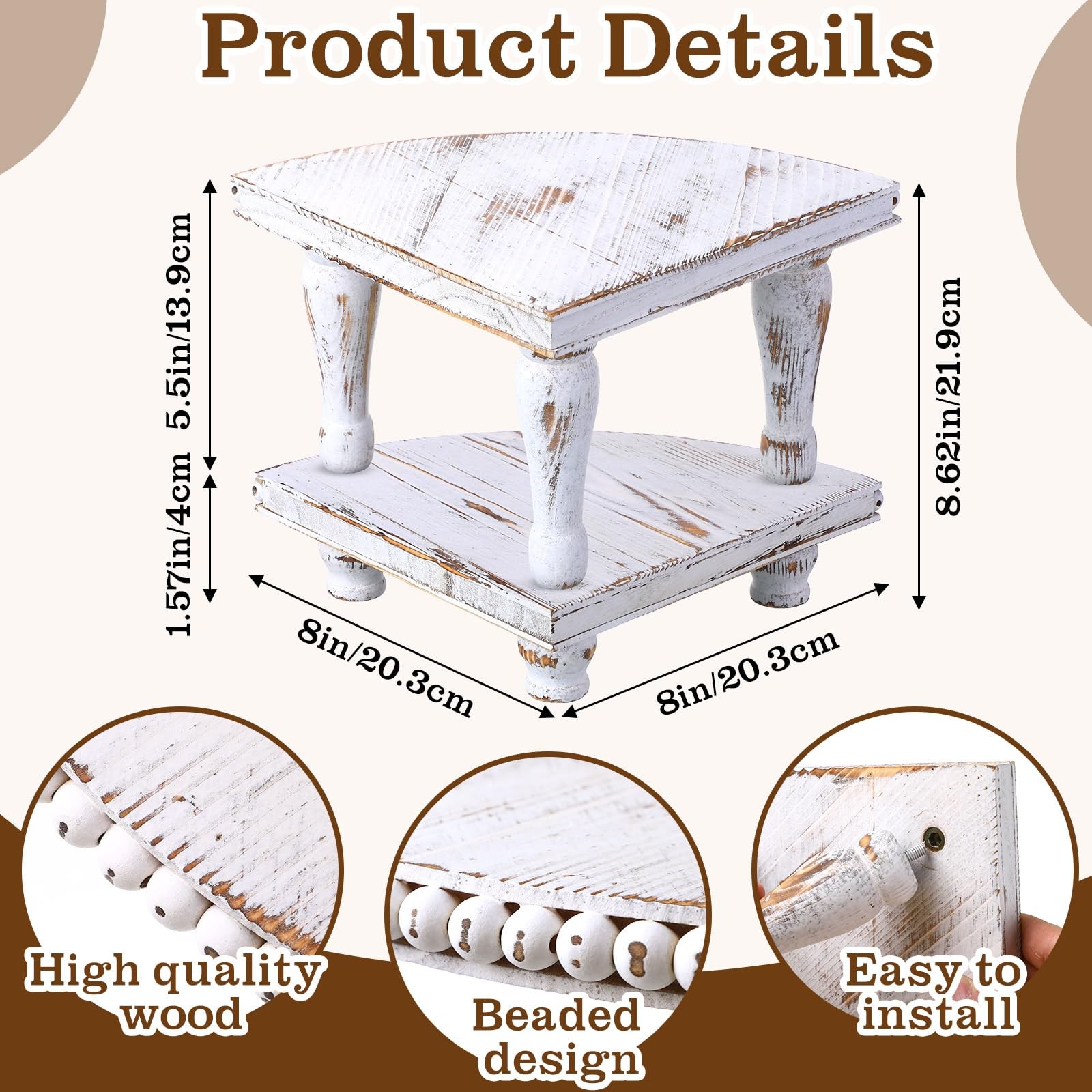 Kigley 2 Tiered Corner Riser for Kitchen Counter Wood Beaded Corner Shelf Whi…