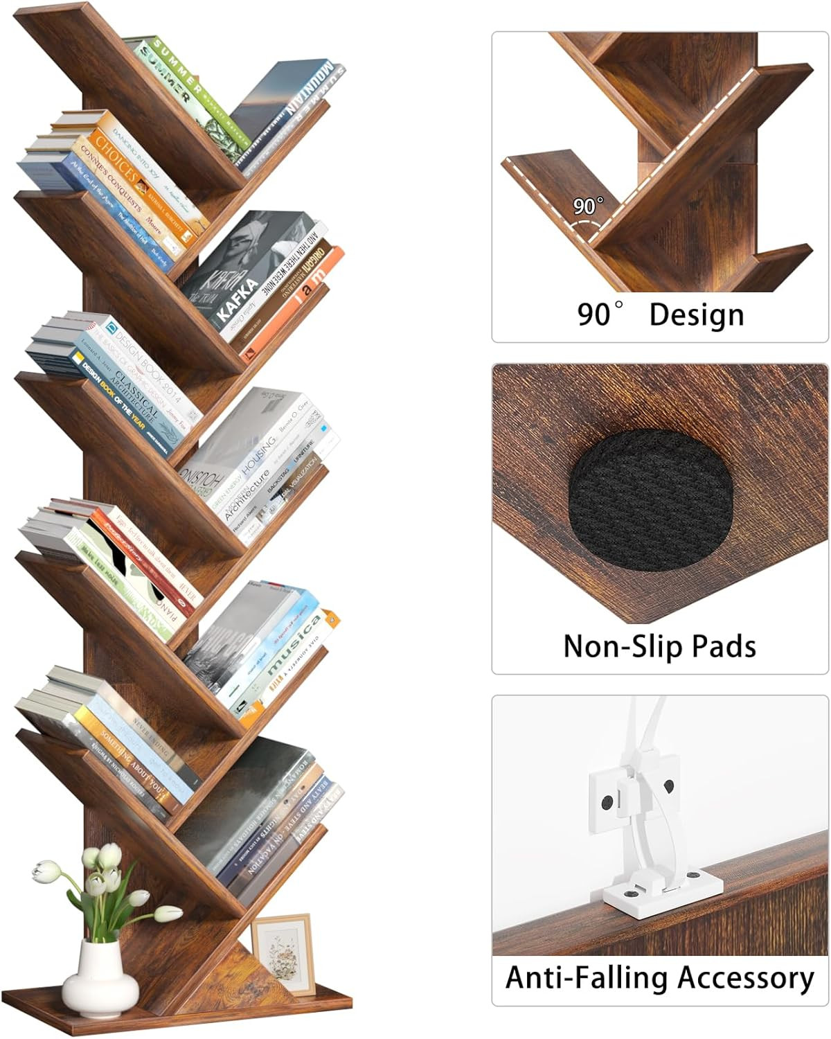 Retro Brown 10-Tier Tree Book Shelf, Perfect for Narrow Living Spaces & Offices