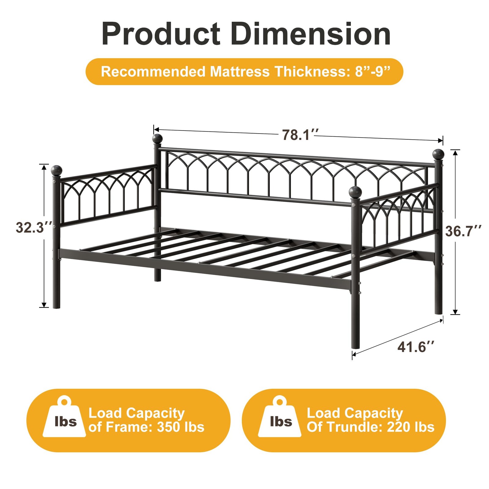 Twin Size Daybed Sofa Bed Frame with Metal Steel Slat Support Space Saving