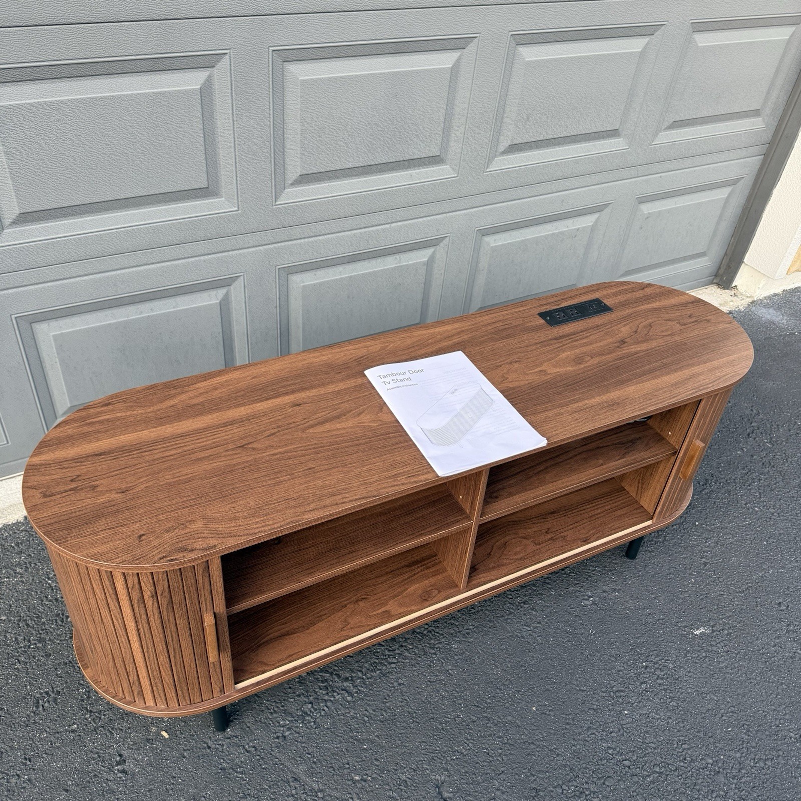 55” Wooden Tambour Door TV Stand with Power Outlet – Walnut