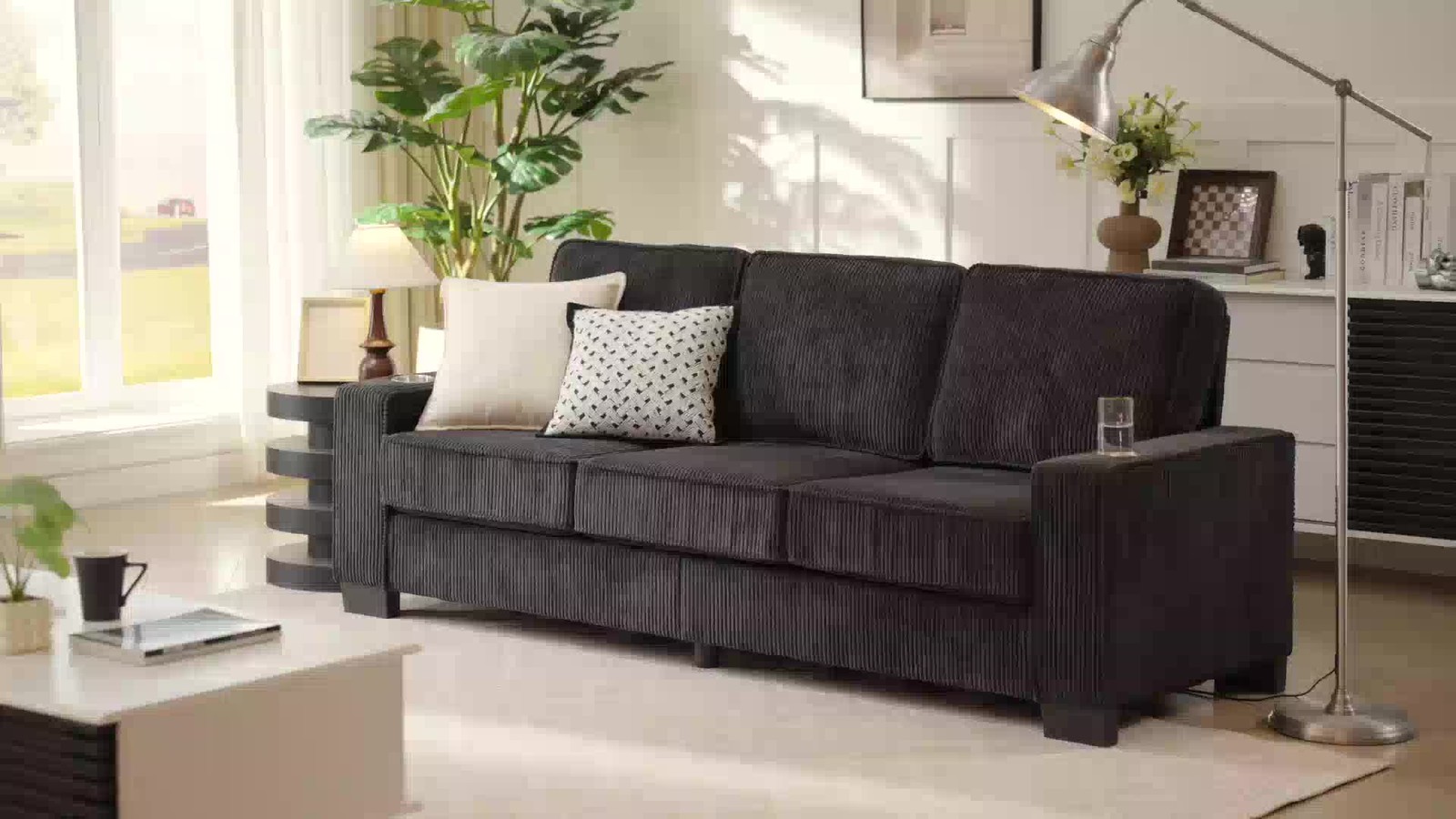 Corduroy Fabric 3-Seater Sofa 84″ L 30″ W Modern Compressed Couch