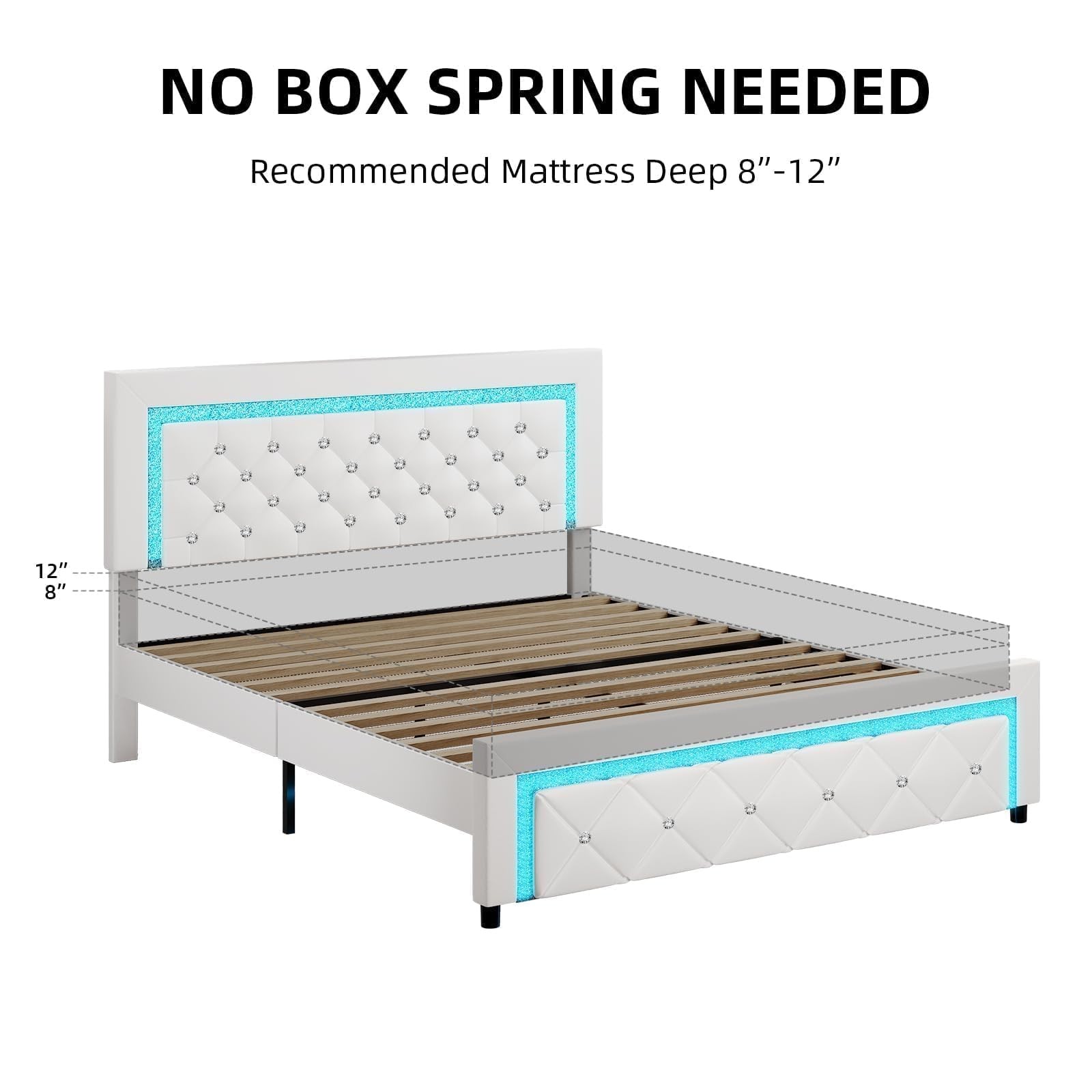 LED Full Upholstered Platform Bed Diamond Tufted Headboard White No Box Spring