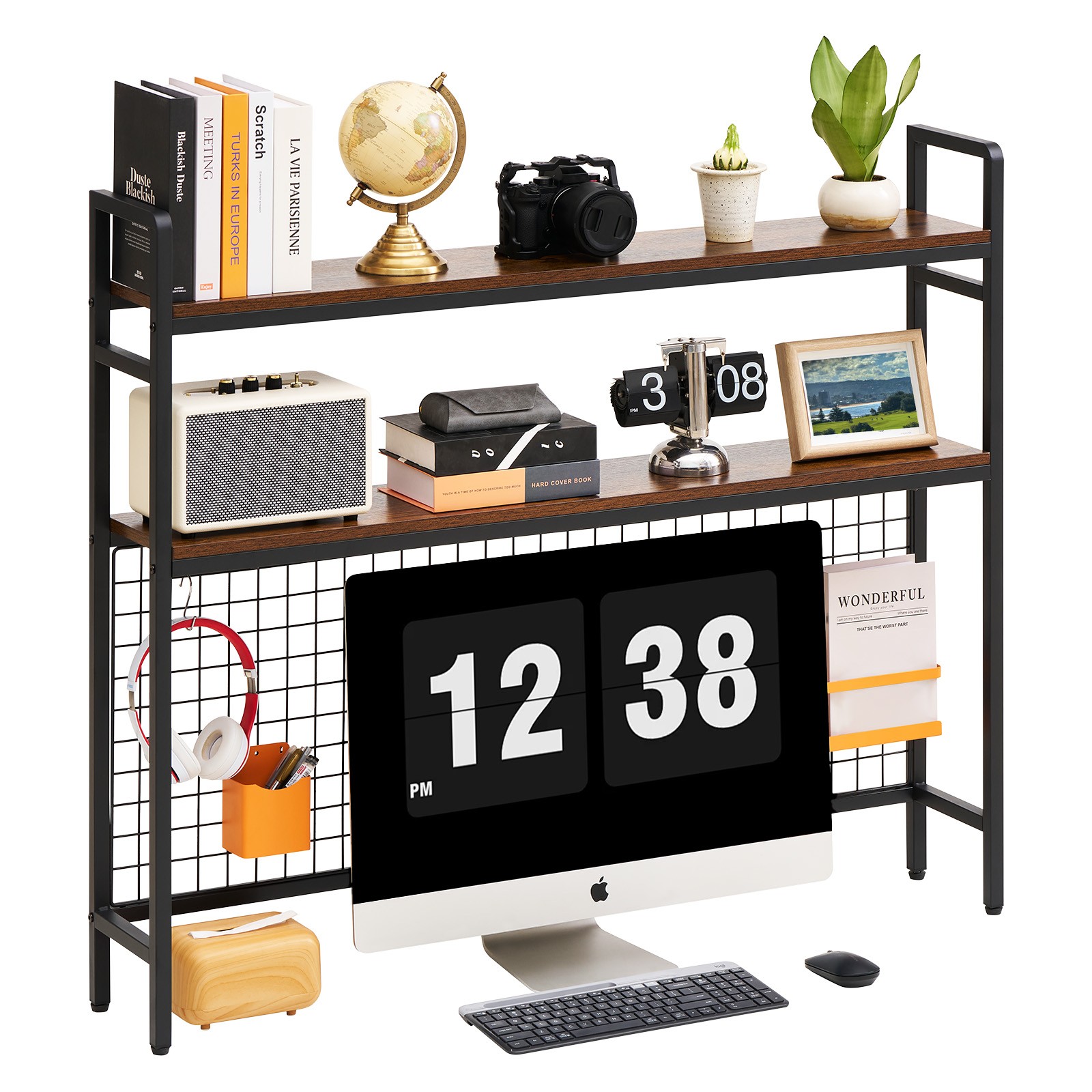 Uimoso 3-Tier Desktop Bookshelf with Grid for Countertop Storage, Black