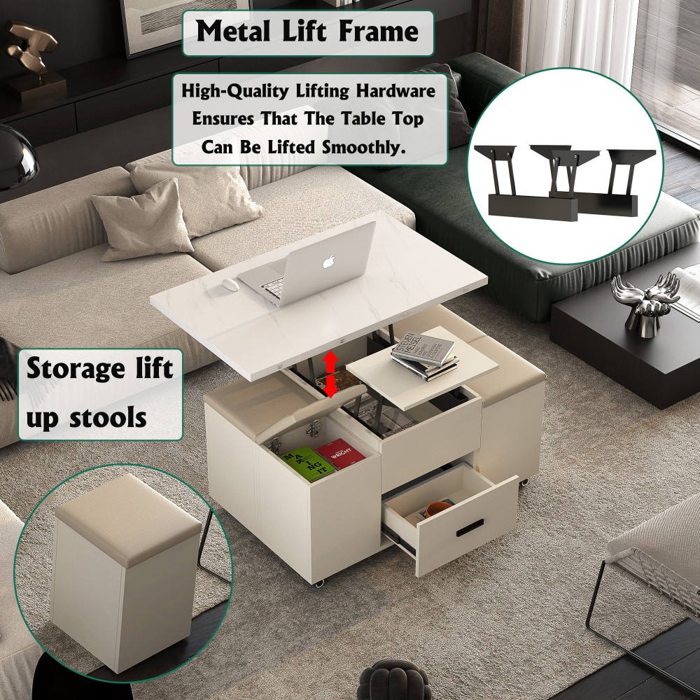 Elevating coffee table with 4 chairs and 1 hidden storage space with 2 drawers