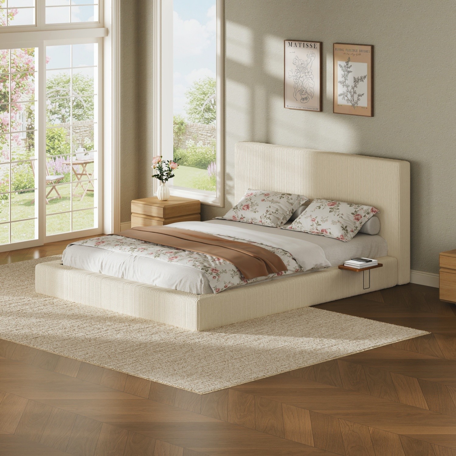 Queen/King Low Profile Platform Bed with Corduroy Headboard & Sliding Side Table
