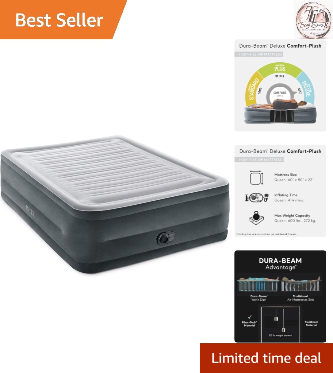 Queen 22in Dura-Beam Inflatable Air Mattress with Built-in Pump for Comfort