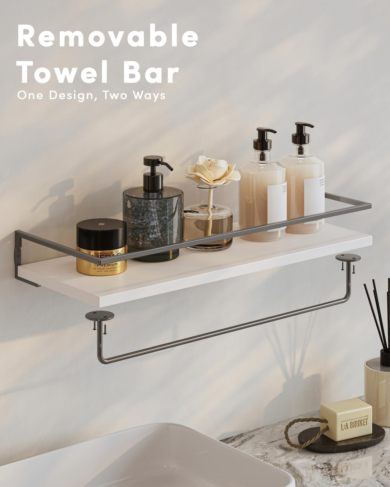 White Grey Wall Mounted Bathroom Floating Shelves Organizer 15.7 Inch 3 PCS