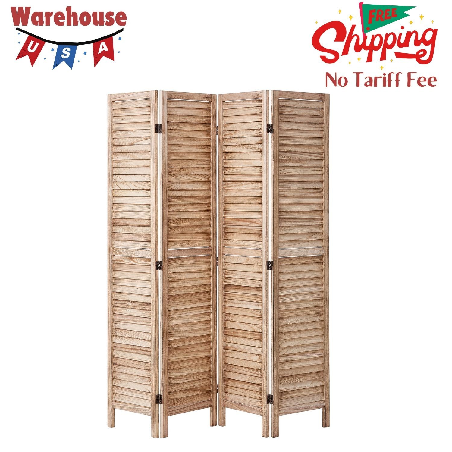 4-Panel Wooden Room Divider, 66.9*63.8 Inch Folding Privacy Screen, Louvered