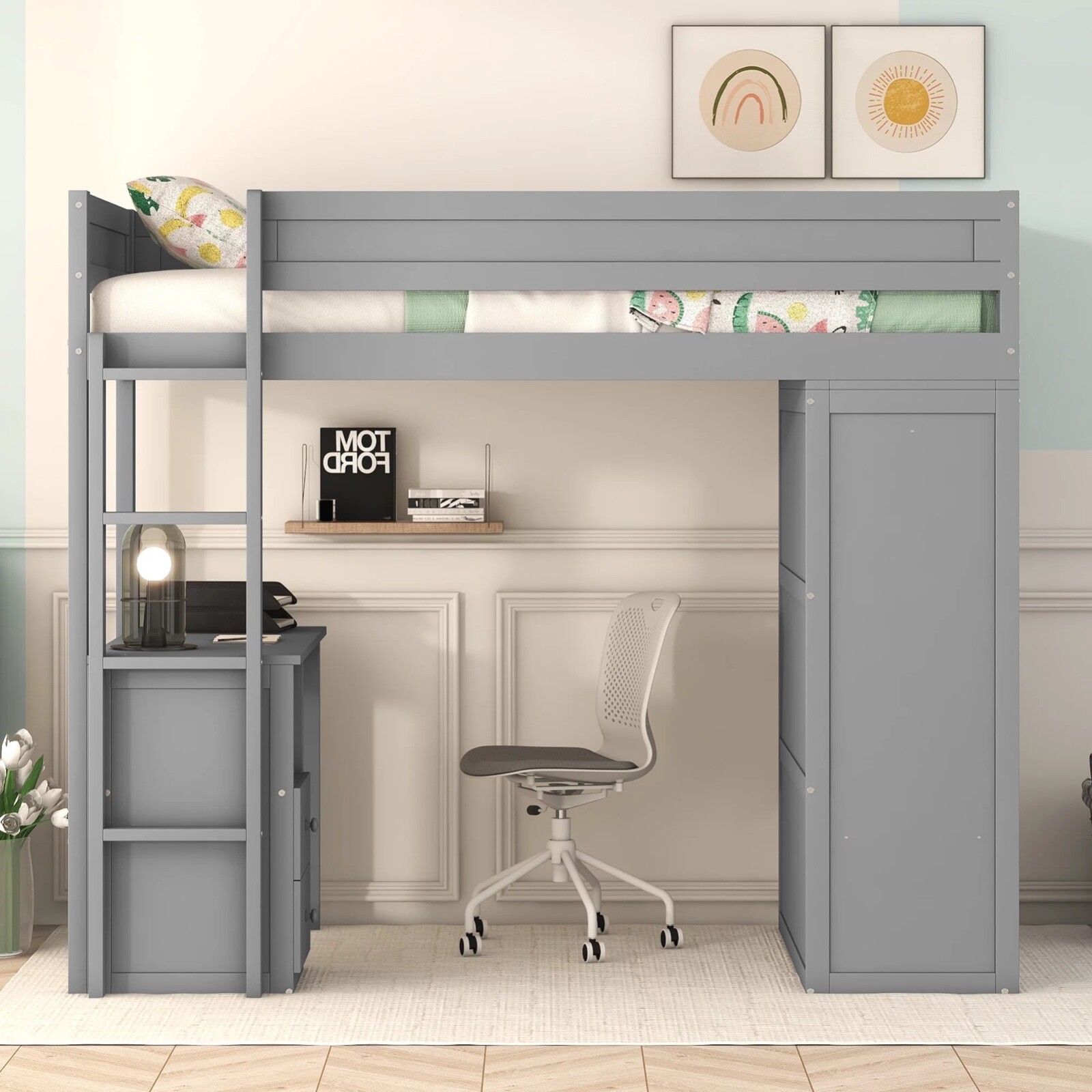 Wood Twin Size Loft Bed with Desk and Wardrobe for Kids, Gray