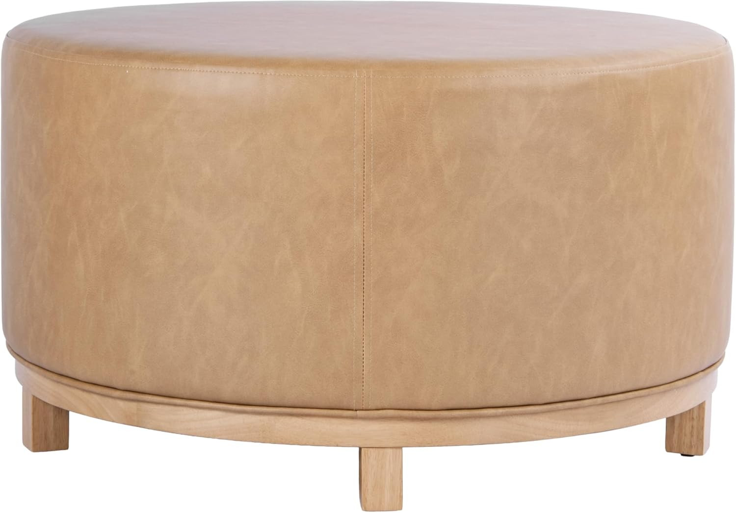 Haven Sand Faux Leather Ottoman with Stylish Wood Base