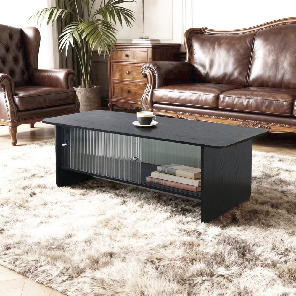 47 in rectangular modern coffee table with glass sliding door storage center