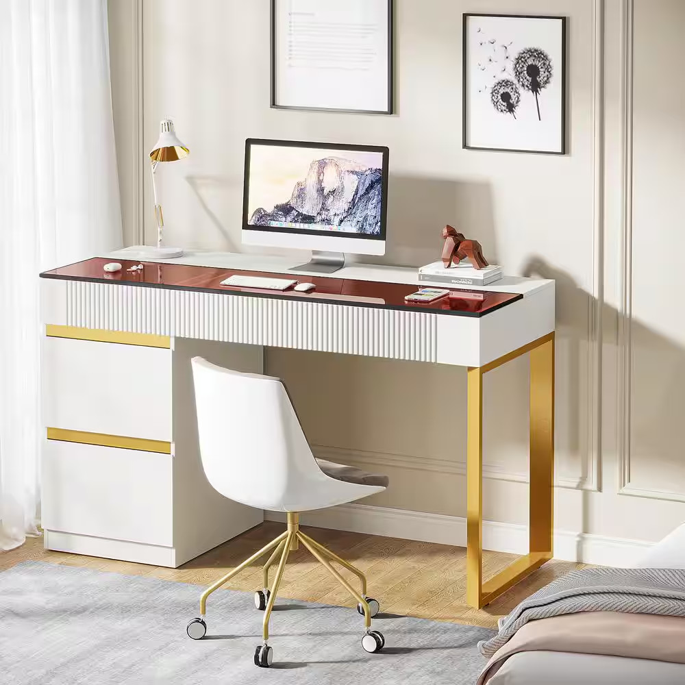 Halseey 47 In. Rectangular White and Gold Wood 4-Drawer Computer Desk, Modern Ho