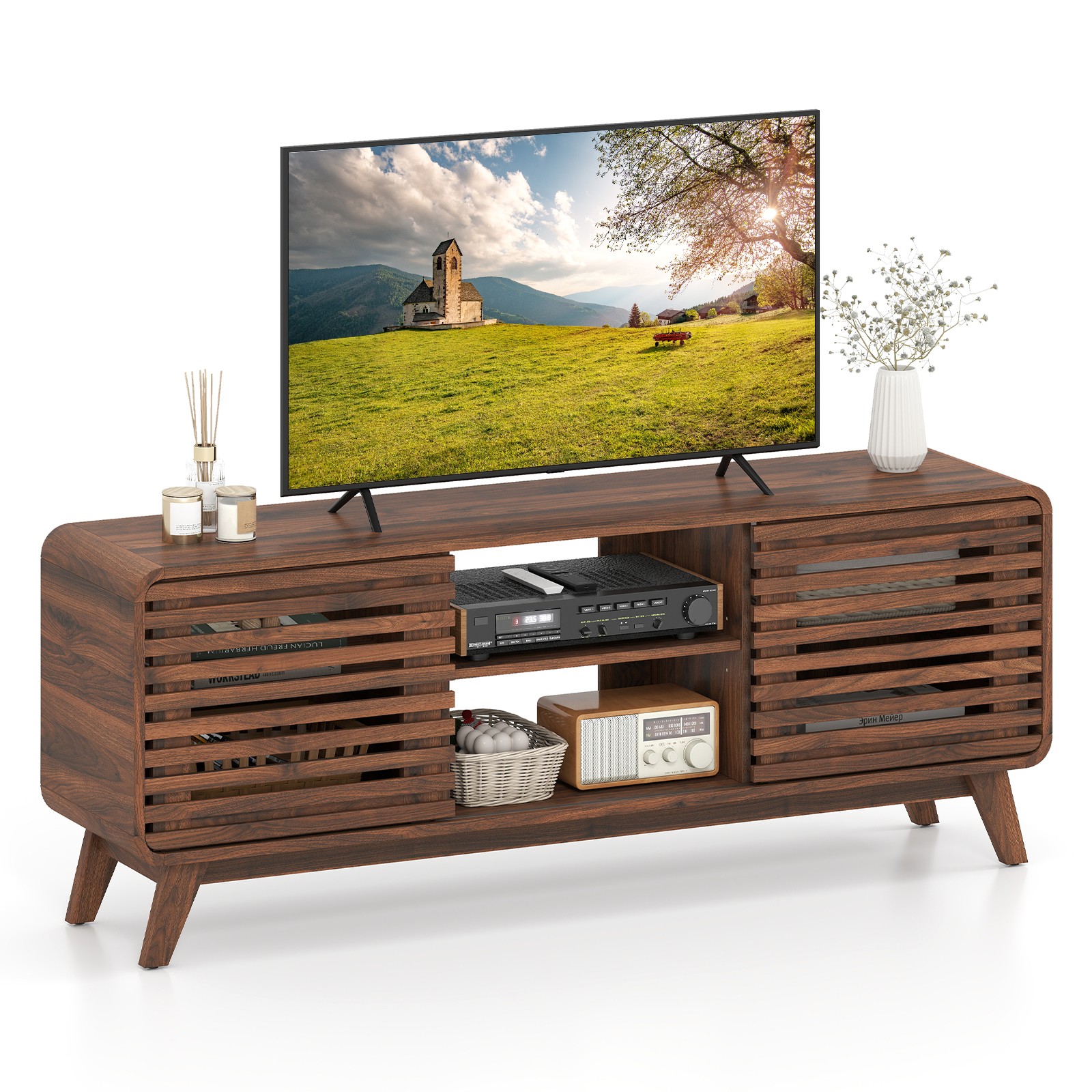 TV Stand , Mid Century Modern Entertainment Center w/ Grille-style Sliding Doors