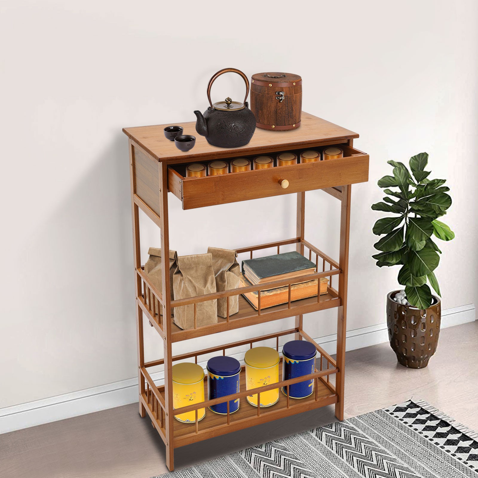 3-tier Retro Side Table, 30 In Floor Standing Bamboo Side Table For Living Room