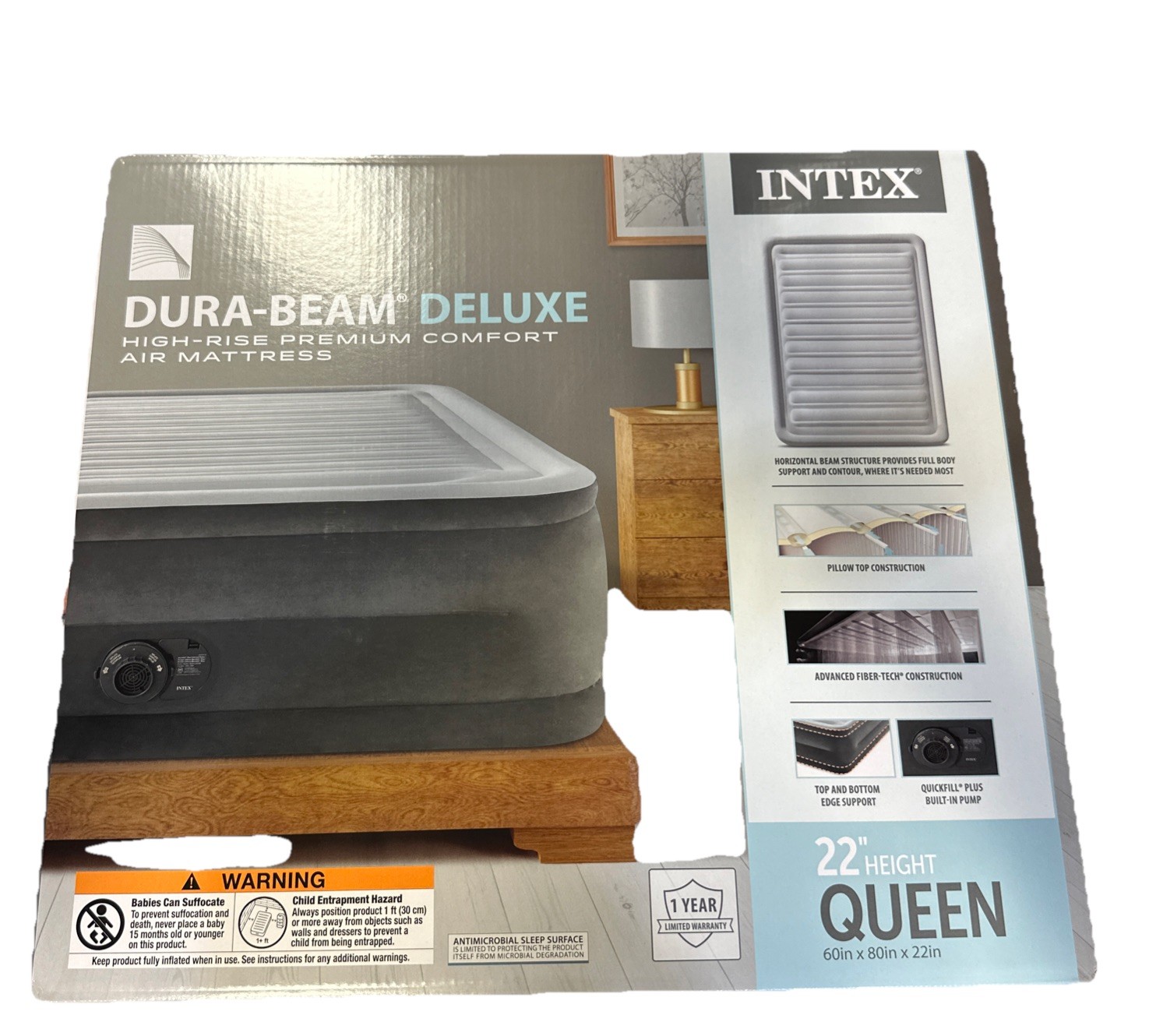 Intex Dura-Beam Deluxe 22″ Queen Air Mattress with Built-In Electric Pump – Open
