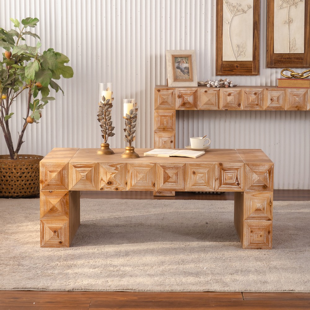 Rustic Geometric Relief Coffee Table – Solid Wood & MDF Rectangle Coffee Table