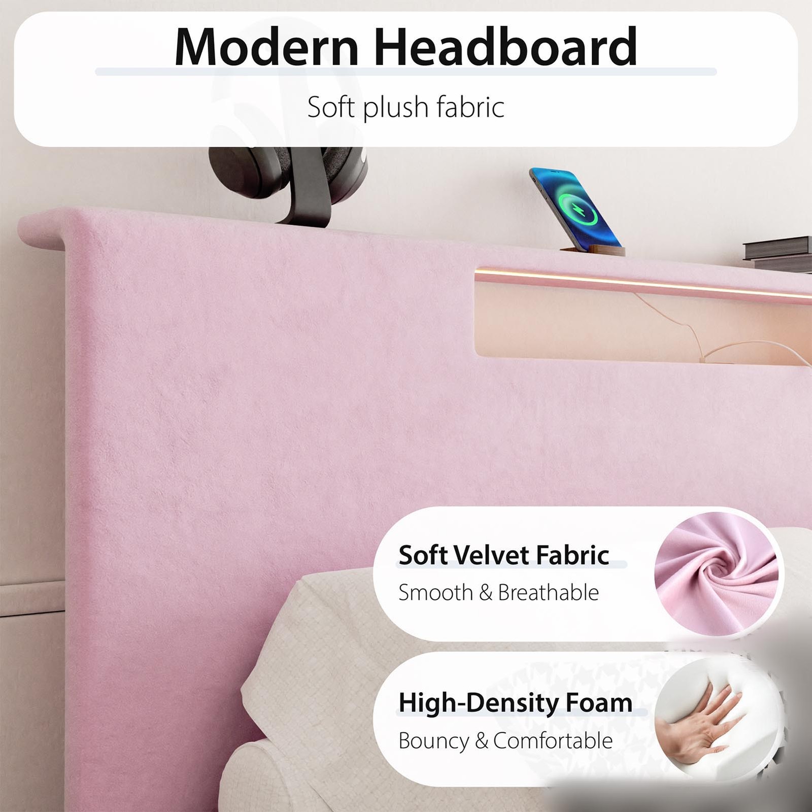 Queen Size Upholstered Bed Frame Flannel Sponge Headboard Built-in Charging Port