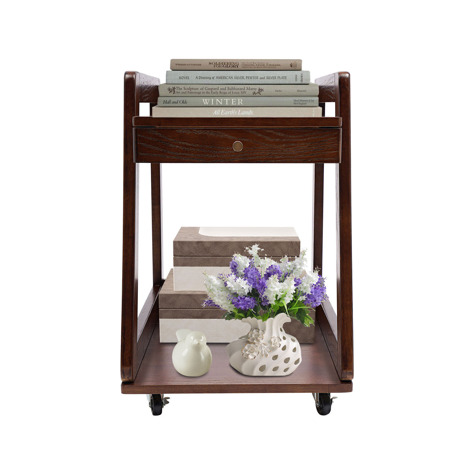 Walnut Retro Wood End Table, 2-tier Side Table, Storage Couch Table with Wheels
