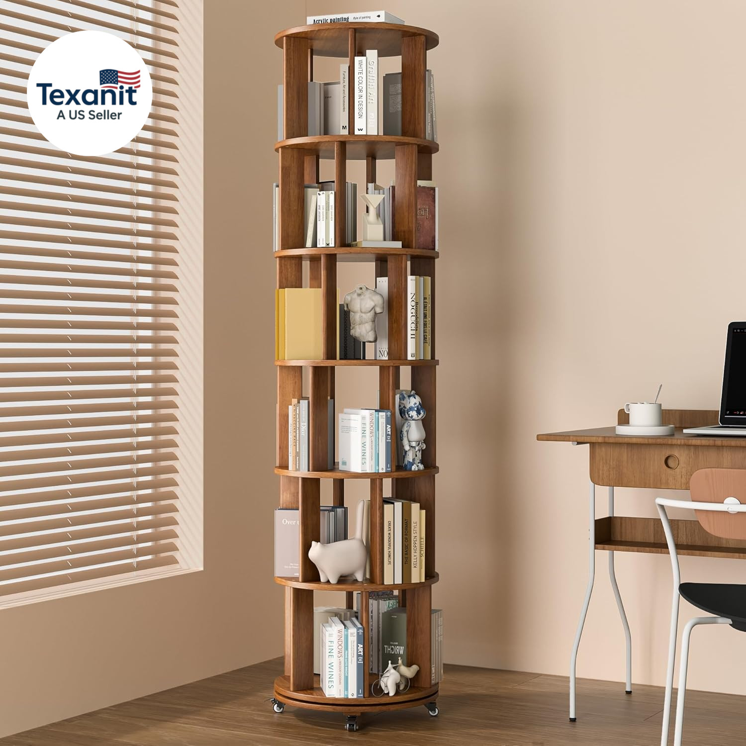 Rotating Bookshelf, 6 Tier Solid Wood Bookshelf Tower with Lockable Wheels, 360°