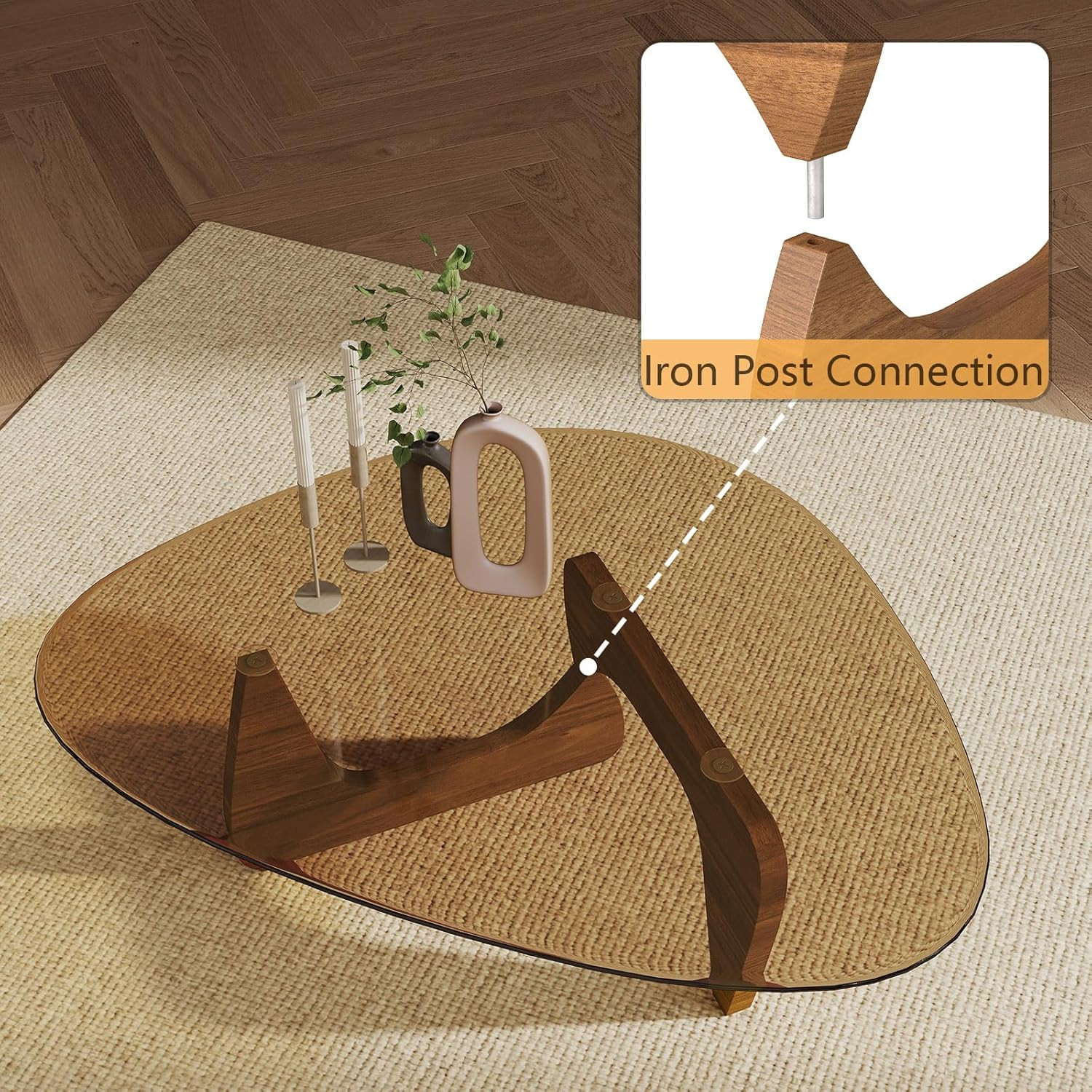 Unique Modern Coffee Table with Amber Glass Top – Irregular Accent Table