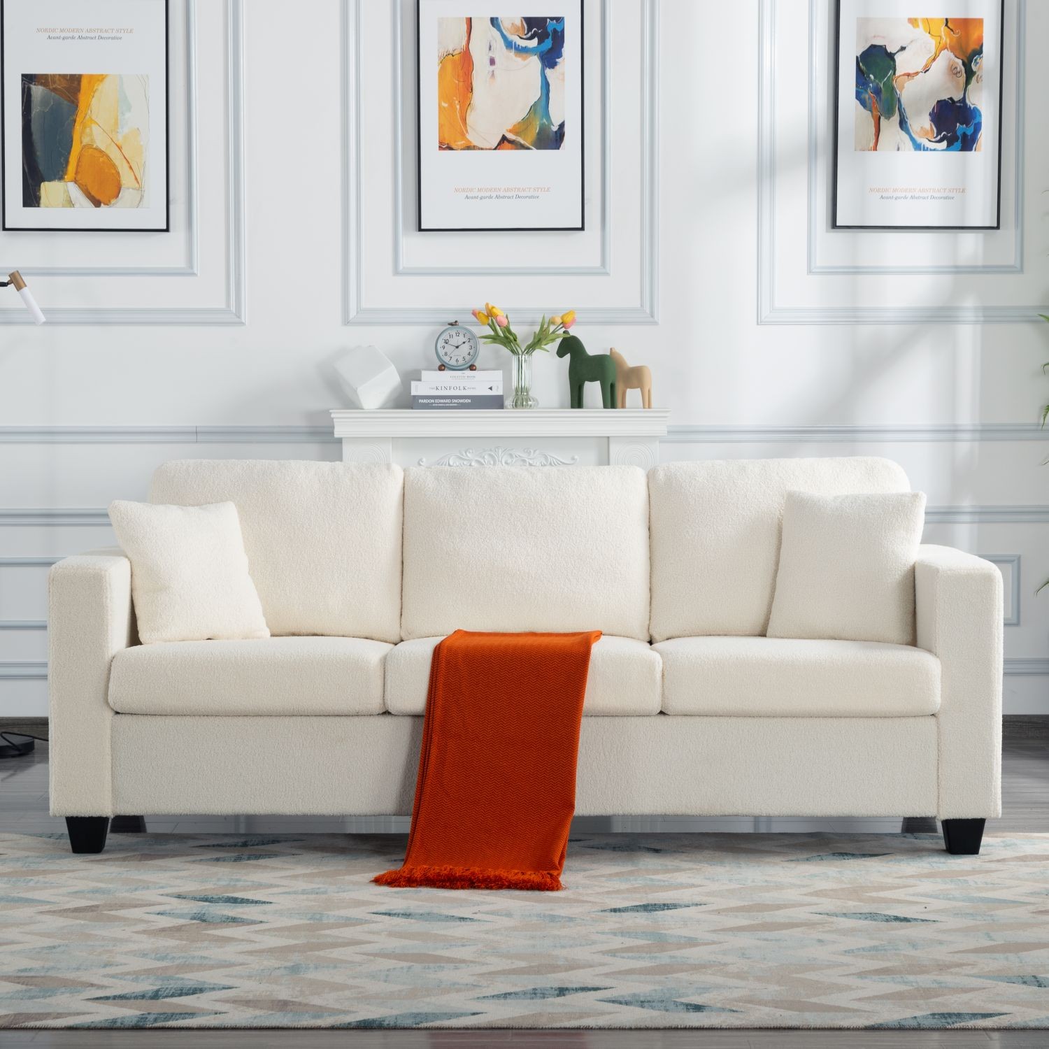 86.6″ Plush Teddy Fabric Sofa Removable Covers 2 Pillows Wide Deep Seat
