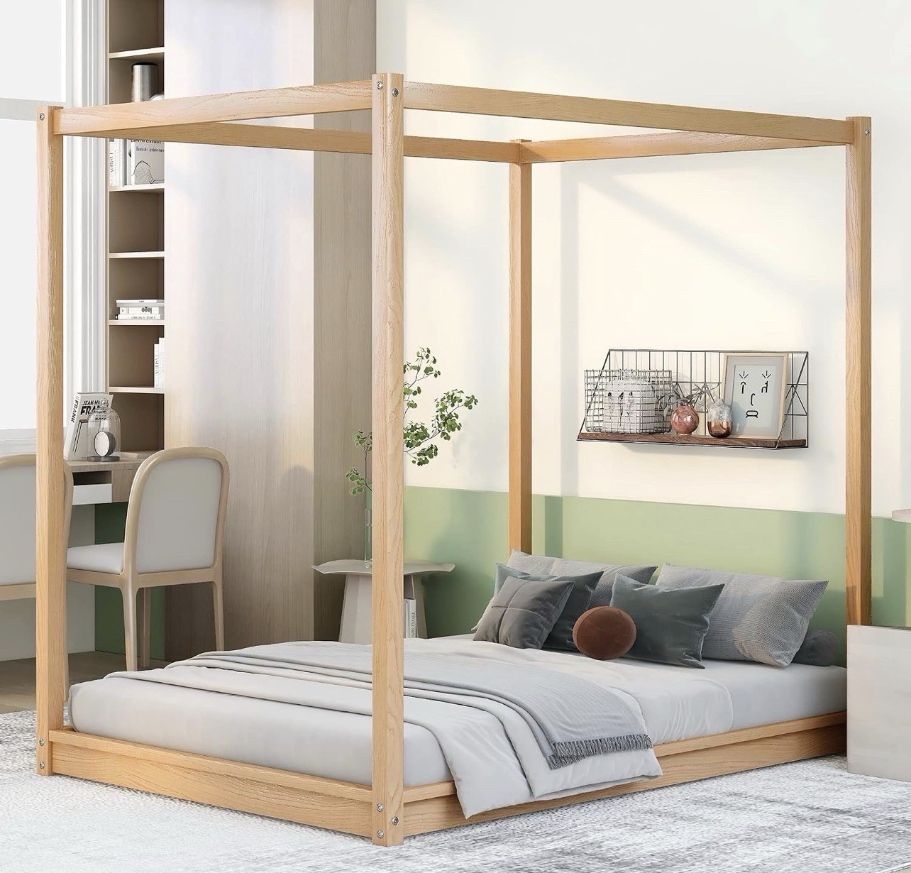 Full Sized Natural WoodCanopy Floor Bed For Kids Teens Adults