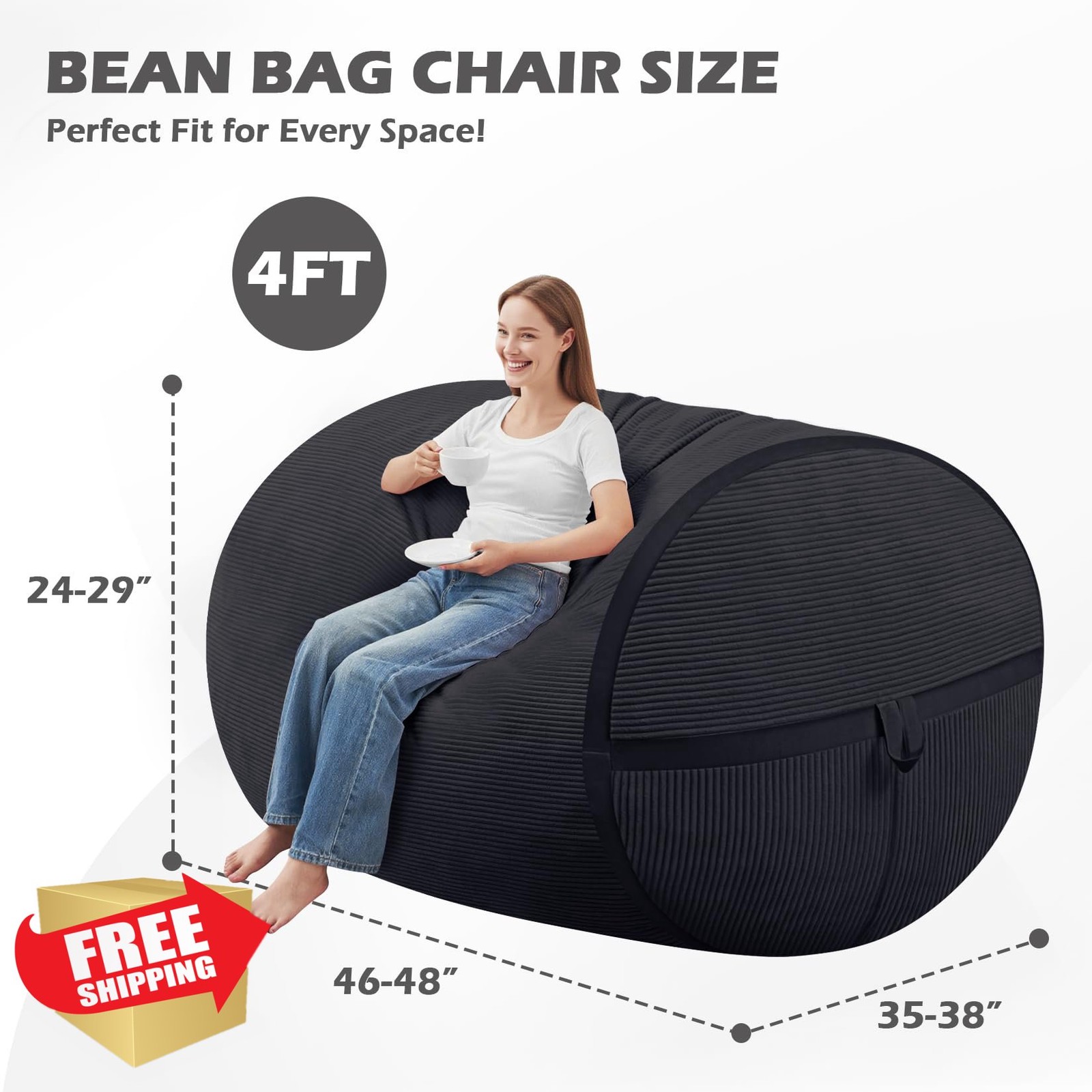 HABUTWAY 4FT Black Corduroy Bean Bag Chair Memory Foam Sofa Comfy