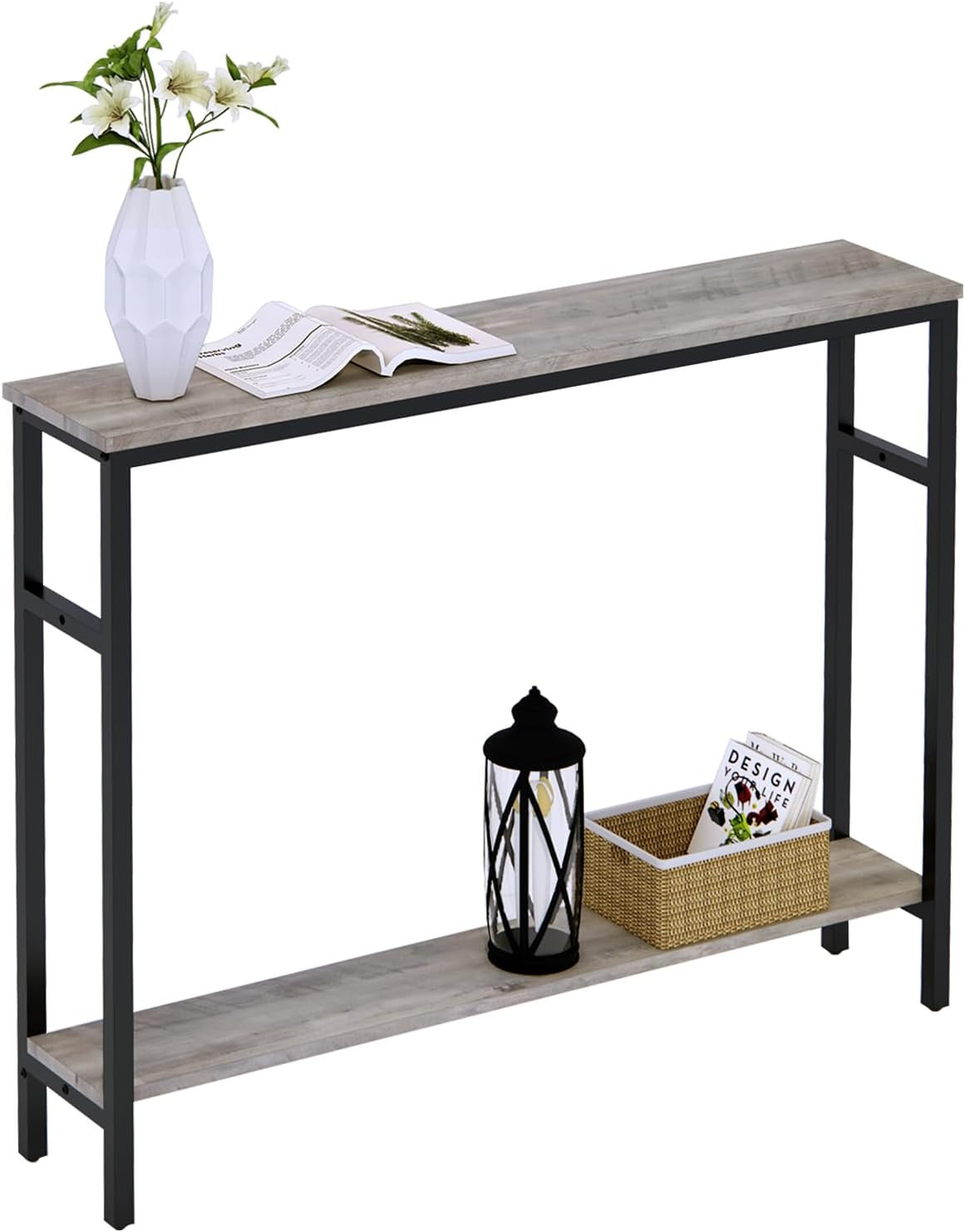 Narrow Console Table, 39.4” Sofa Table with Adjustable Shelf, 2-Tier Long Skinny