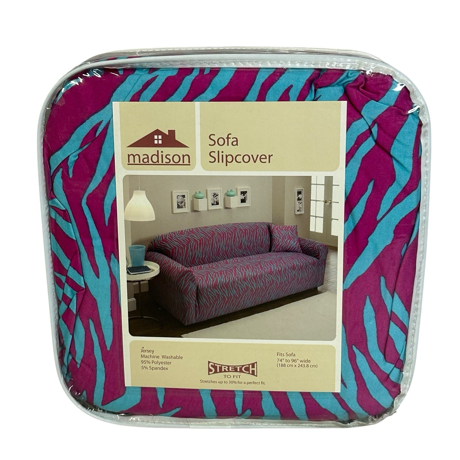 Madison Jersey Zebra Sofa Slipcover Pink and Blue fits 74 inch to 96 inch New