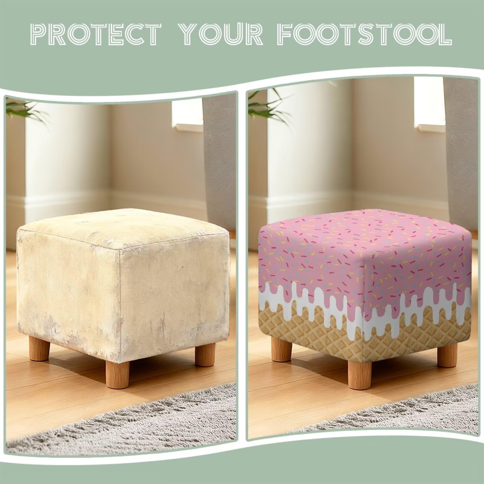 Ice Cream Pattern Cube Footstool Cover 13″ L x 13″ W x 15″ H Stretch Square S…