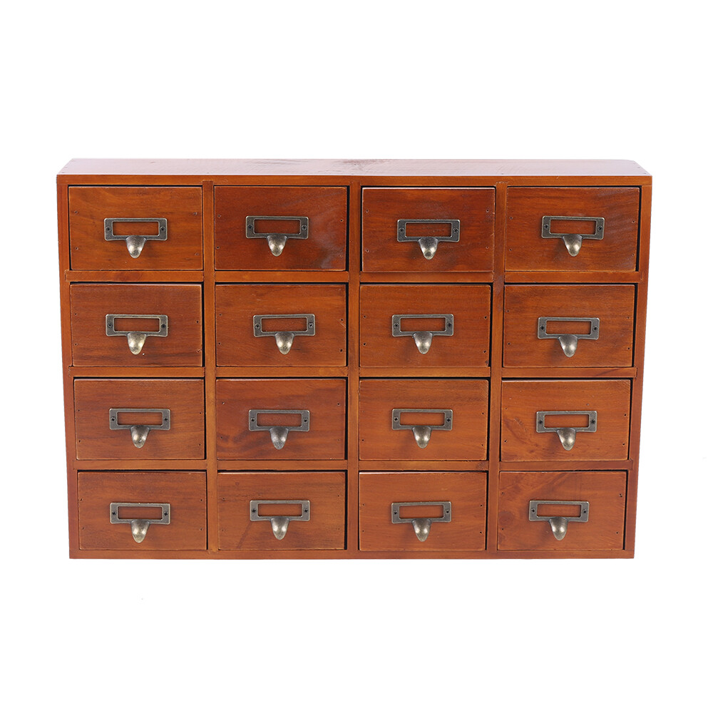 16-Drawers Wood Apothecary Medicine Cabinet Label Holder Card Catalog Vintage US