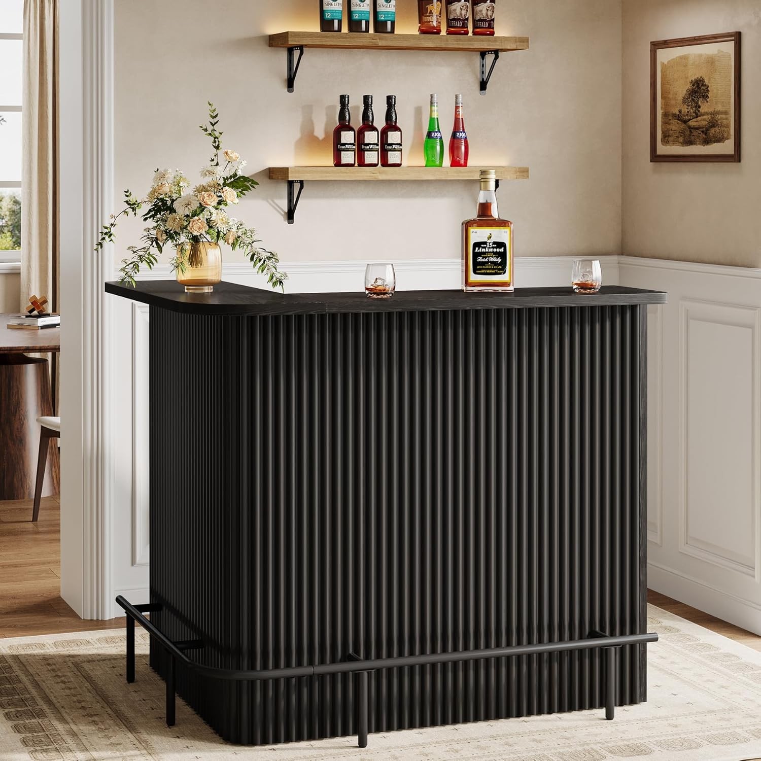 L Shaped Bar Table, Modern Home Bar Unit with Storage Shelves & Metal Footrest
