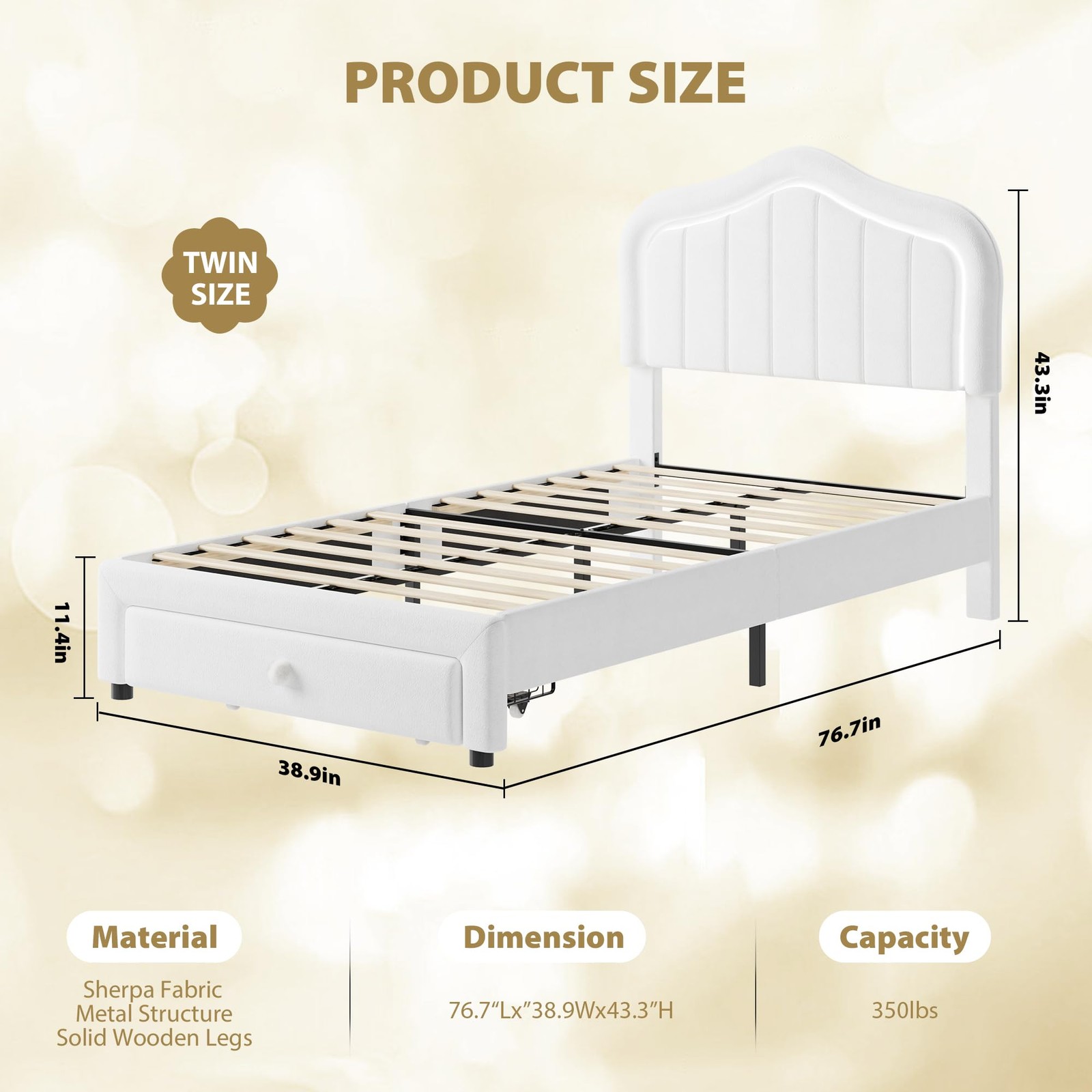 Twin Upholstered Bed Frame with Storage Drawer & LED Headboard for Kids/Girls