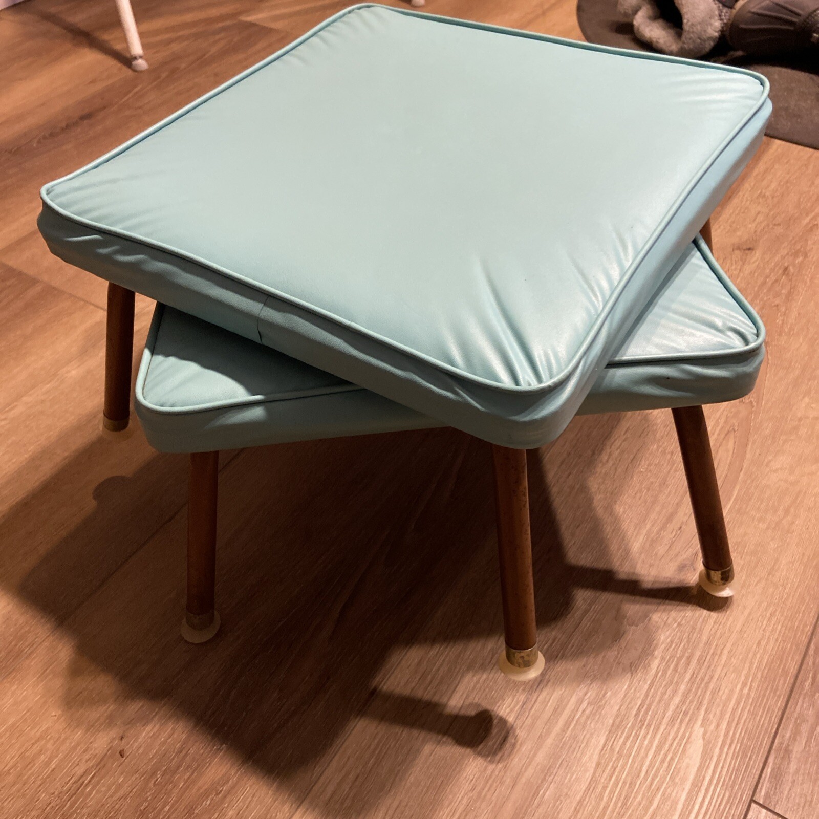 Mid Century Aqua 2 Vinyl Foot Stools Ottoman Southern & Iron Inc