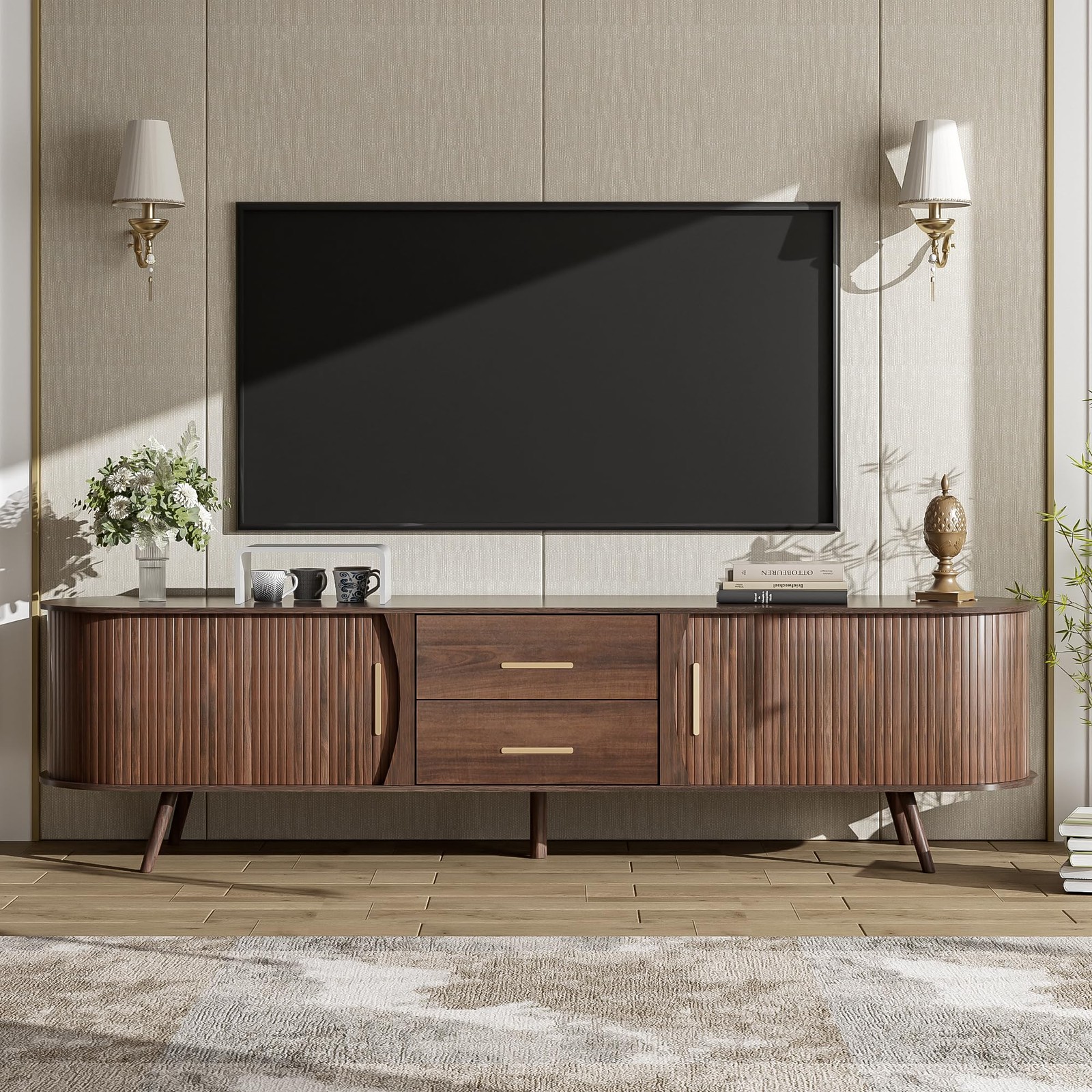 TV Stand for 80″ TVs, Curved Waterproof Media Console w/2 Cabinets & 2 Drawers