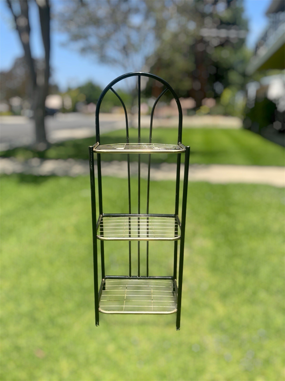 Art Deco Black Brass Baker’s Rack Arched Wire Shelf Hollywood Regency MCM