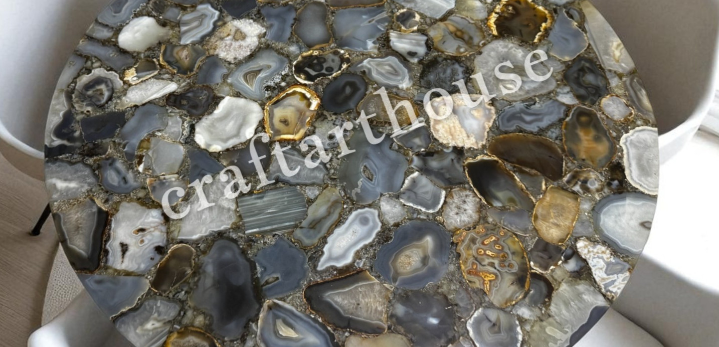 Stunning Gray Agate Coffee Tabletop Handmade Art Crystal Stone Furniture Decor